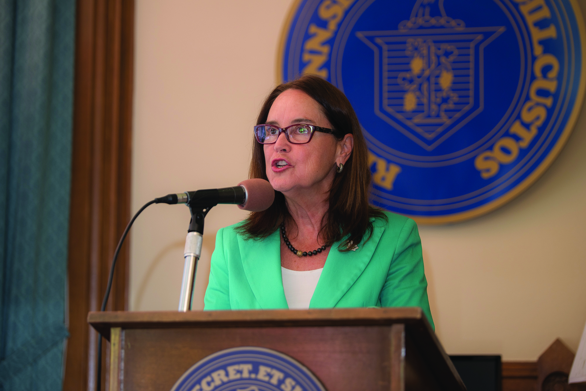 Secretary of the State Denise Merrill addresses the media at a September 2015 press conference announcing the partnership with the School of Business to deliver mandated training to the State’s 338 Registrars of Voters.