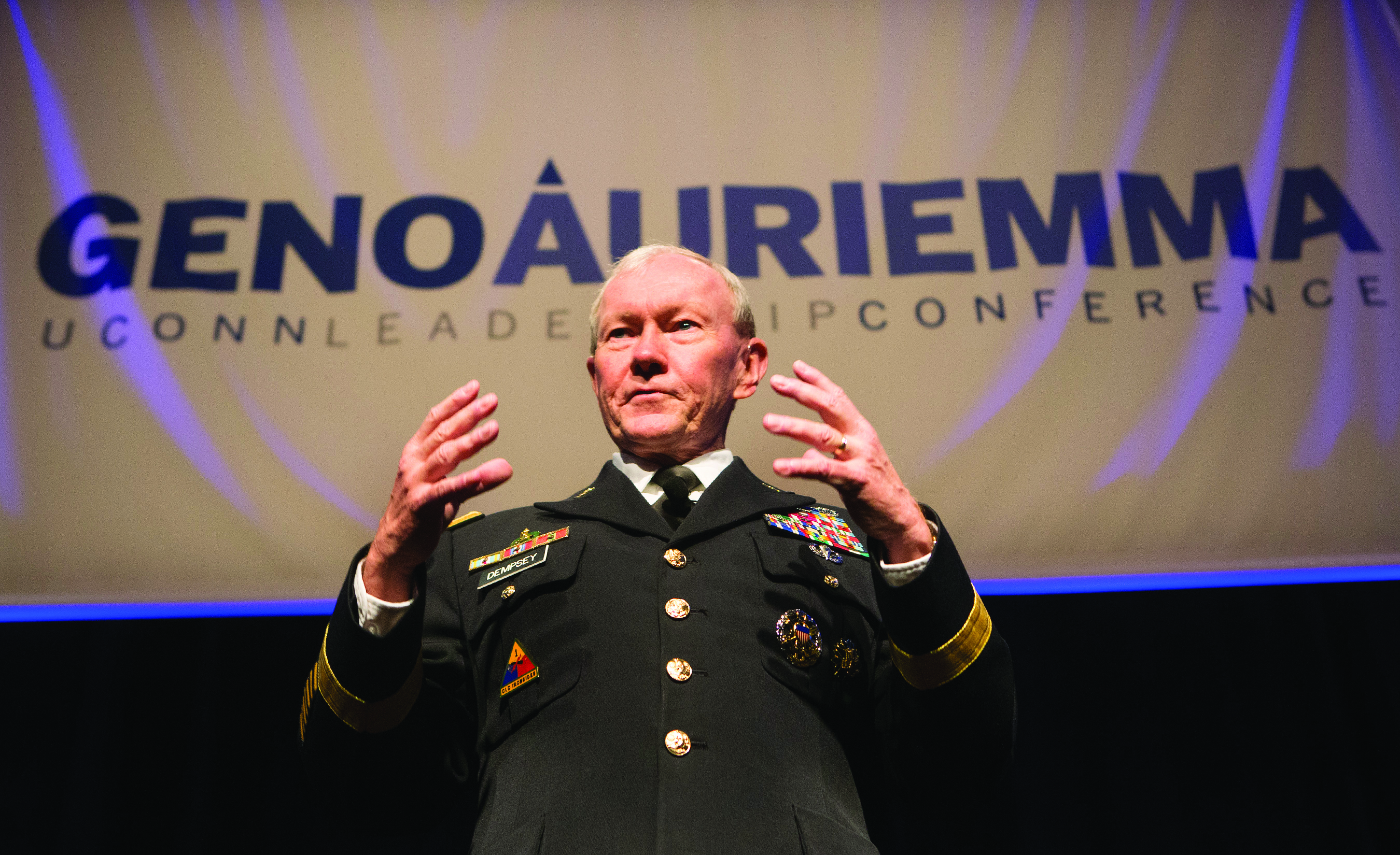 Former U.S. Joint Chiefs of Staff Chairman General Martin Dempsey addresses participants at the 2014 Geno Auriemma UConn Leadership Conference.